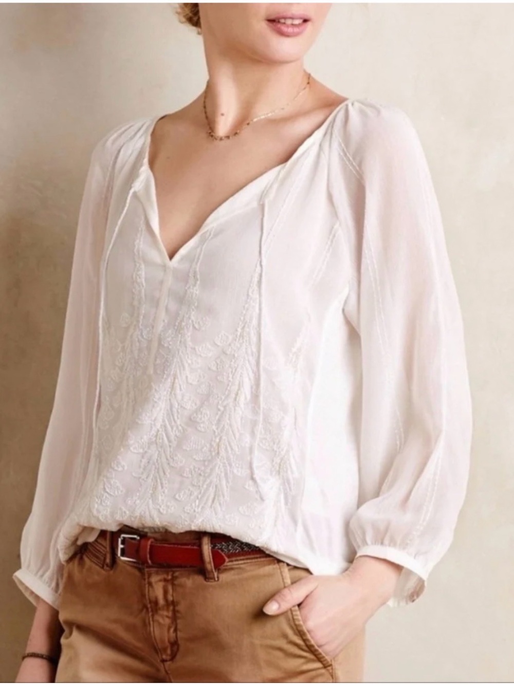 Anthropologie Tiny Jasmine Vine Embroidered Split Neck Boho Peasant Top Ivory M